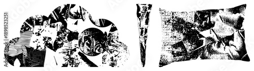 Fragmented circular and angular forms in high contrast halftone, stylized graphic design, modern art composition, vector illustration with texture.