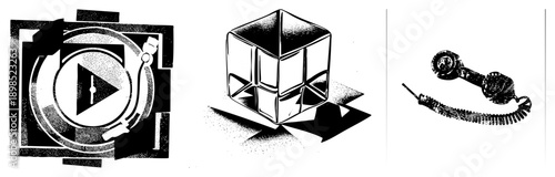 Retro rotary telephone with coiled cord, vinyl record player with play button, reflective cube with shadow, halftone style, isolated vector.