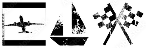 Distressed black vector of airplane, sailboat, and checkered flag, grunge texture,, racing and travel symbols, isolated graphic elements.