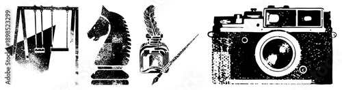 Retro camera with globe lens, chess knight piece, quill pen in inkwell, swing set silhouette all in halftone vector style,, artistic illustration.