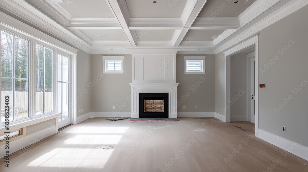 Fototapeta premium Spacious and Bright Empty Living Room with Modern Ceiling Design and Fireplace in a Contemporary Home