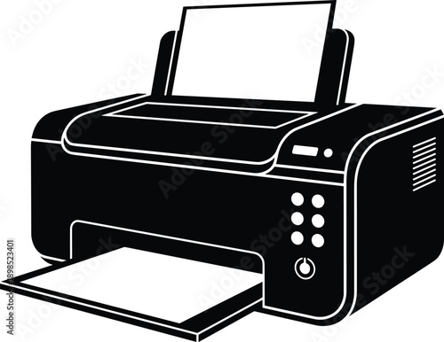 Black and White Vector Illustration of a Modern Desktop Inkjet Printer Icon with Paper Trays Isolated on Plain Background for Business and Office Design