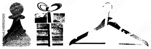 Black halftone vector chess pawn, gift box with bow, clothes hanger. Minimalist graphic symbols for design, print, or UI. Isolated elements with textured shading.