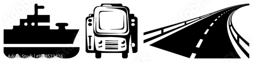 Black silhouette of ship, bus, winding highway minimalist vector symbols for navigation, travel, logistics, public transit, maritime.