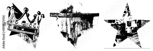 Distressed vector crown, nautical anchor, five point star, all rendered in gritty halftone texture. Ideal for urban, punk, or vintage design projects.