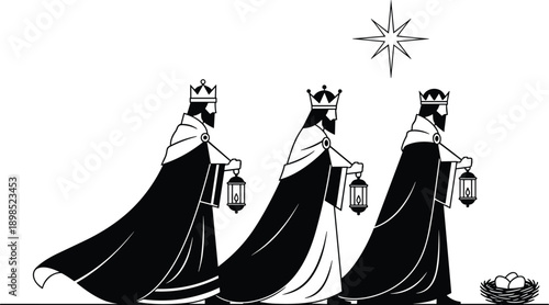 Black and White Vector Illustration of Three Wise Men Kings Carrying Lanterns Following Star of Bethlehem Toward a Nest with Eggs Christmas Nativity