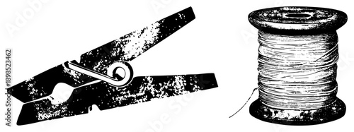 Classic clothespin with textured surface, thread spool with winding, vector art, craft supplies, sewing tools, rustic design, isolated foreground.