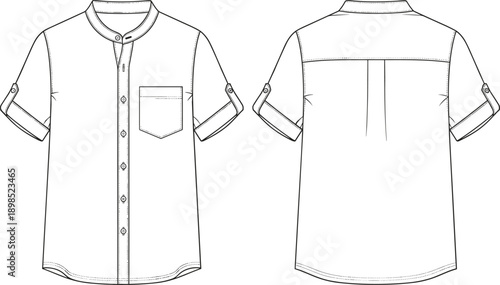 Front and back view men short sleeve shirt mockup with button placket, chest pocket and mandarin collar, isolated on white background vector illustration