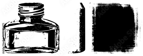 Classic writing tools including inkwell, fountain pen nib, and ink bottle, rendered in bold black and white vector style, ideal for retro stationery or calligraphy design.