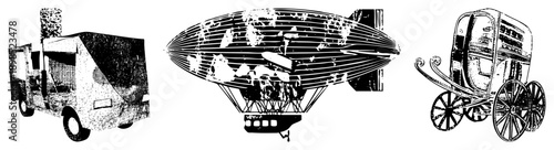 Retro vehicle trio featuring delivery truck, airship, and horse drawn carriage, rendered in halftone vector art, ideal for historical or travel themed design projects.