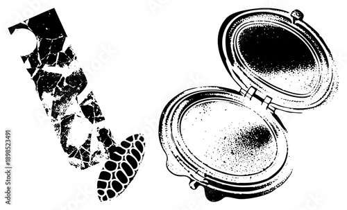 Maritime porthole open on ship deck, anchor chain fragments, nautical salvage, shipwreck debris, black and white vector illustration, isolated maritime elements.