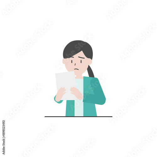 書類を見て悩む女性の人物イラスト　確認や手続きで困るビジネスシーン
