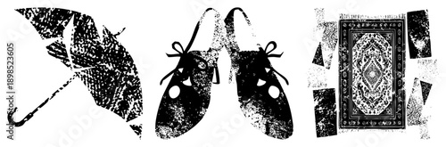Grunge halftone vector open umbrella, ballet slippers, rug. Retro textured design, isolated elements, artistic graphic set.