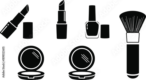 Beauty and makeup products. Lipstick, nail polish, mascara, perfume, face powder compact, and makeup brushes. 