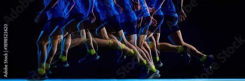 Tablou pe pânză Stroboscopic running stride with layered athlete motion on black background