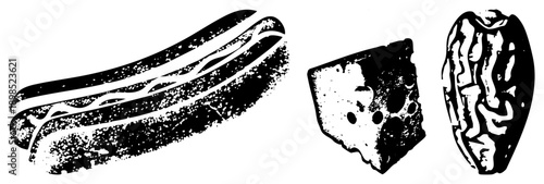 Black and white vector food hot dog with mustard, cheese wedge, bacon strip. Retro halftone style, isolated food graphics for design.