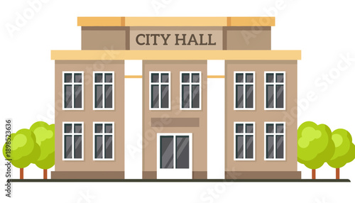 A cartoon illustration of a city hall building with trees