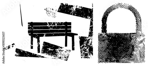 Fragmented park bench with splintered slats, isolated padlock with halftone fingerprint, distressed vector art, urban decay motif, security symbol.