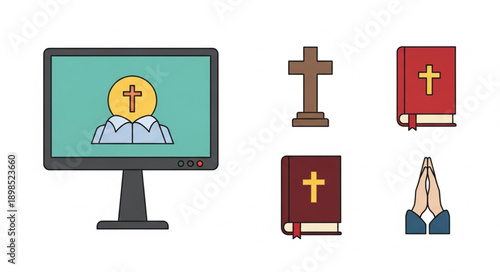 Christianity religious symbols and online service illustration.