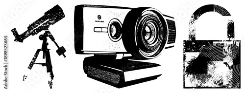 Retro telescope on, web cam with lens, padlock with fingerprint, halftone style, isolated vector, security and surveillance symbols.