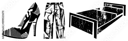 Stylish high heel shoe with geometric, trendy pants with abstract design, minimalist bed with textured surface, all in vector art.