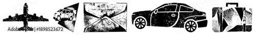 Stylized vector of transport modes airplane, car, suitcase, rendered in fragmented halftone, isolated graphic elements for UI or branding.