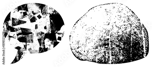 Fragmented brain and textured stone shape, halftone graphic, vector art, isolated elements, black and white design, conceptual symbols.