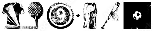 Athletic apparel, paddle, target, jersey, bat, soccer ball stylized sports equipment, halftone, gritty texture, vector graphic, isolated elements.