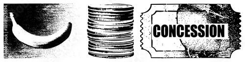 Halftone banana curve, stacked coin cylinder, concession ticket graphic, vector, black and white, stylized symbols, retro print aesthetic.