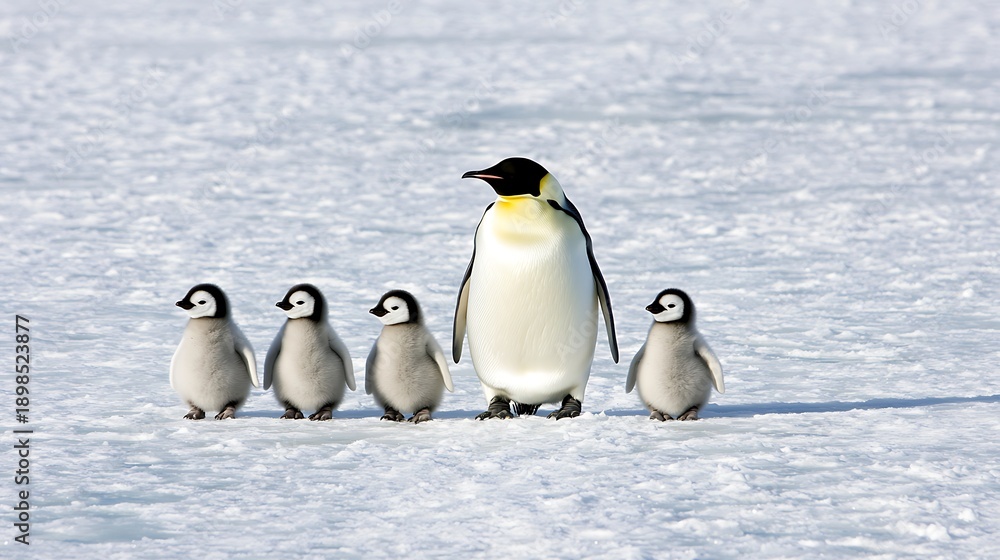 Obraz premium Adorable Emperor Penguin Family on Icy Landscape with Snowy Background and Fluffy Chicks Walking Together in Harmony