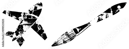 Distressed airplane and ship with fragmented textures, vector art, retro sci fi, aviation and space travel symbols, graphic design.