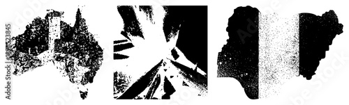 Vector halftone maps of Australia, explosive graphic, Nigeria silhouette, dotted texture, black and white, graphic design elements, isolated shapes.