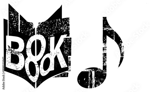 Distressed black and white book with "BOOK" text, paired with musical note, ideal for literary or artistic branding, vector graphic with gritty texture.