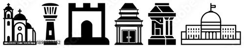 Vector of global landmarks church, lighthouse,, temple, monument, government building. Flat design,, scalable symbols for UI or infographics.