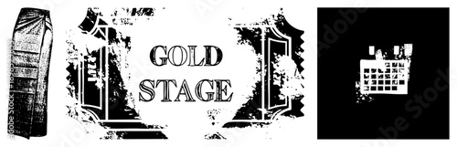 Classic theater marquee sign reading "GOLD STAGE" in bold serif font, flanked by decorative columns, distressed halftone texture, retro cinema ambiance, stage entrance emblem.