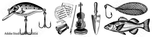 Classic fishing lure with treble hook, sheet music and violin, garden trowel, fish illustration, engraved vector art, artistic black and white design.