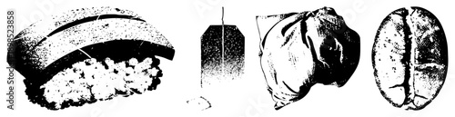 Black and white halftone illustrations of coffee bean, tea bag, sushi roll, and coffee grinder, stylized vector for beverage and food design, isolated elements with dot texture.