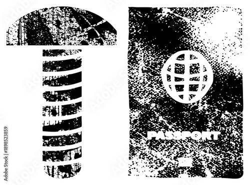 Grunge style passport with globe emblem and footprint, travel symbols, wanderlust design, black and white halftone, tourism graphic elements.