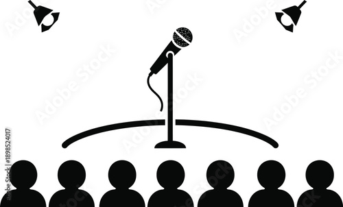 Standup comedy spotlight, round stage central microphone stand with laughing audience. 