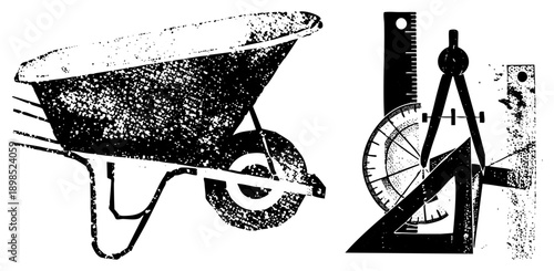 Classic wheelbarrow with speckled texture, drafting compass, ruler, protractor, and set square, halftone style, engineering design tools.