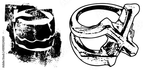 Bold letterforms rendered as graphic glyphs, distressed texture, typographic art, isolated characters, vector illustration, stencil style, urban design.