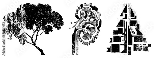 Black and white halftone vector illustrations organic tree silhouette, intricate ginkgo leaf, abstract geometric. Artistic vector graphics with stippling texture.