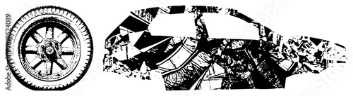 Classic car wheel with spokes and tire tread, alongside fragmented car body silhouette, stylized vector art, automotive design elements, black and white graphic.