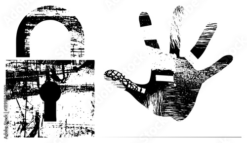 Grungy black and white vector hand reaching for unlocked padlock,, access symbol, security concept, unlock gesture, liberation graphic, digital illustration.