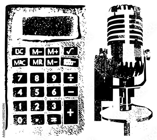 Classic handheld calculator with buttons and display, vintage microphone with grille, vector art, retro tech symbols, isolated digital tools.