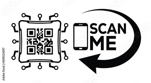 Black and white QR code with bold "SCAN ME" text, smartphone icon, and curved arrow—ideal for mobile interaction, digital marketing, and tech-themed promotional materials.