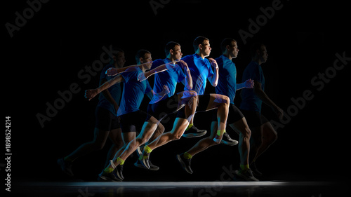 Fotografi Stroboscopic runner motion sequence on black background