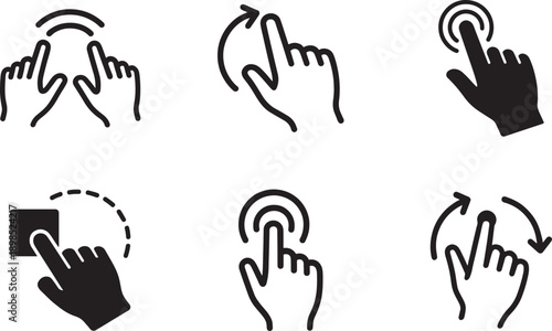 Fotografía Touchscreen gesture icon set with linear vector symbols for smartphone interaction and UI