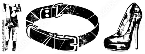 Stylish ensemble featuring denim jeans, graphic tee, belt with buckle, and platform stiletto heel, rendered in high contrast vector art with distressed texture.