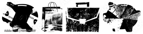 Stylized financial rendered in halftone texture, piggy bank with cash, shopping bag, briefcase, wallet, vector art, money symbols.